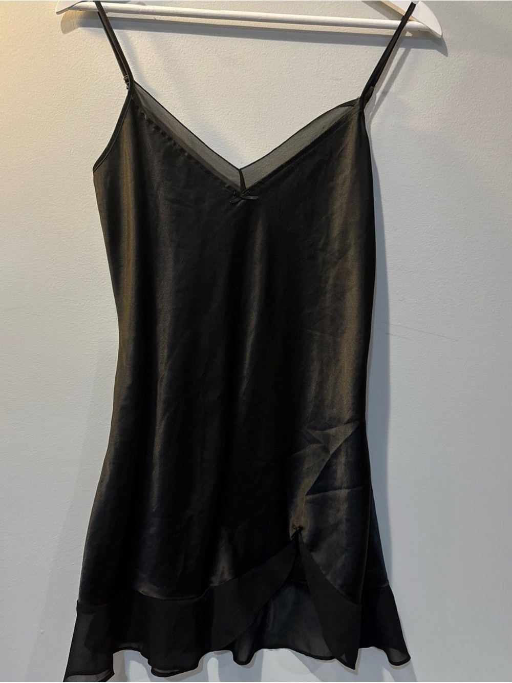 VTG Jacob Satin See Thru Black Baby Doll Chemise Open Thigh Slip Bow Sz Medium